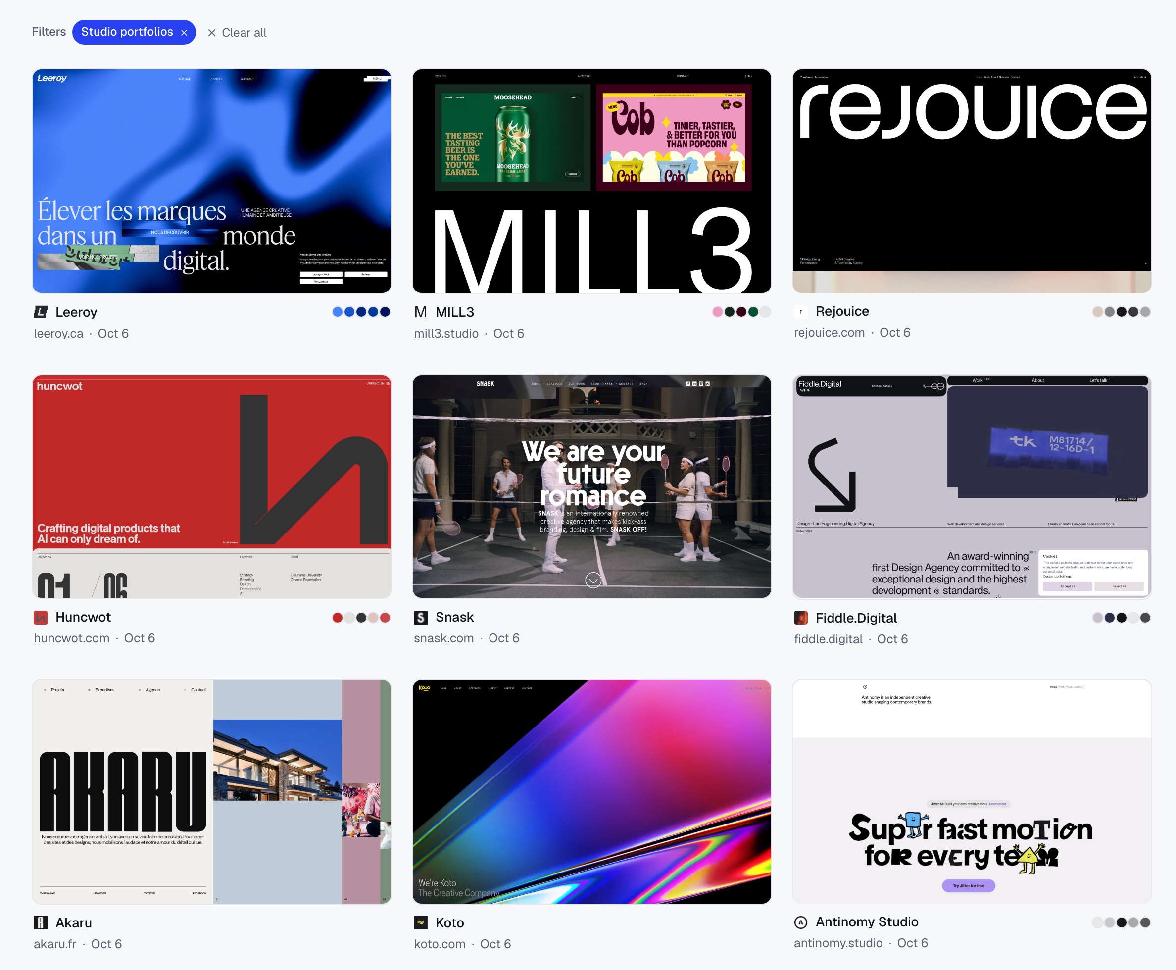 A Moodmark collection of 18 studio portfolios, filled by an AI agent