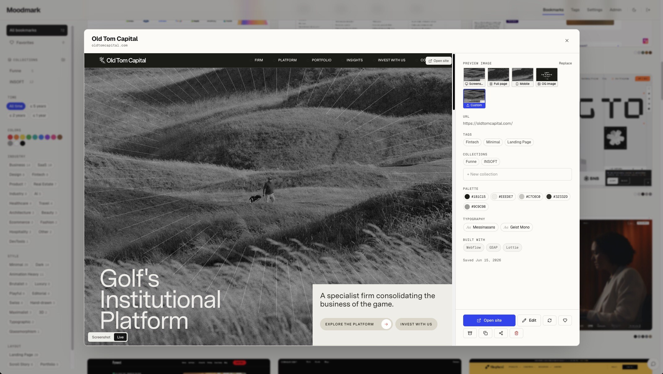 Moodmark capture modal over a saved website with metadata and preview controls