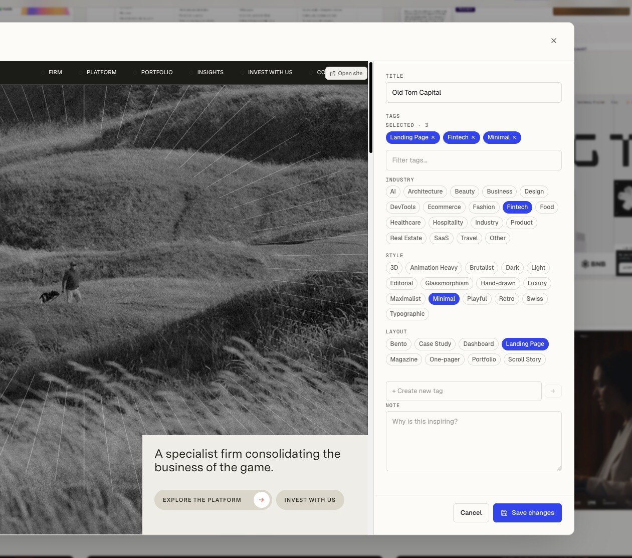 Moodmark bookmark capture panel with preview modes, tags, collections, and palette