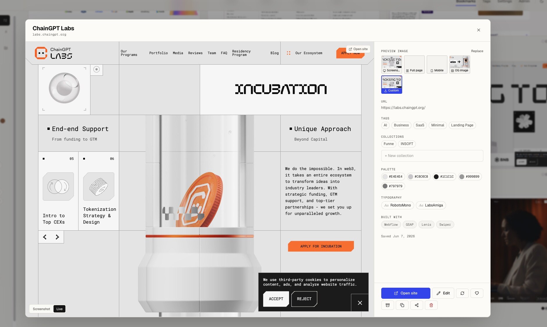 Moodmark detail view with live preview and bookmark metadata