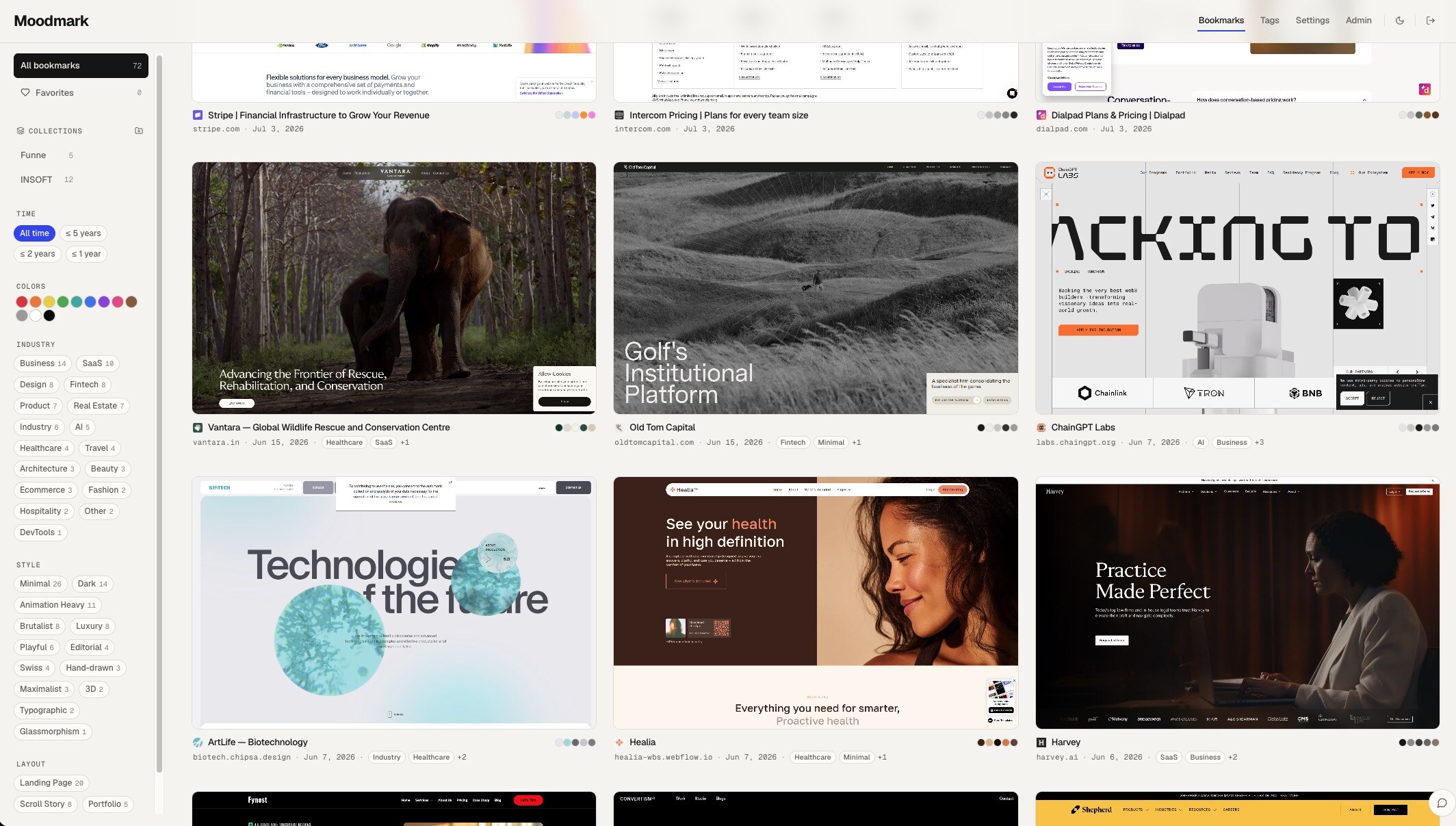 Moodmark library with visual bookmarks, filters, and collections